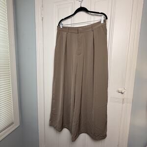 Wide Leg Trousers Womens XL Flowy Taupe Tan Pleated Pants